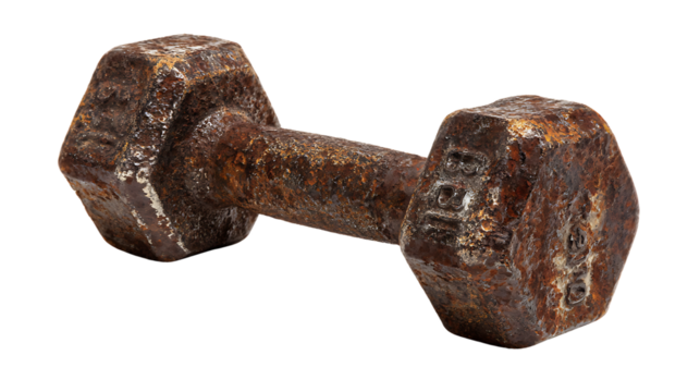 Hexagonal rusty dumbbell isolated on transparent background