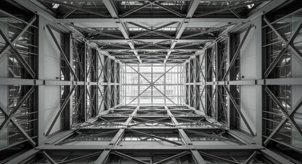 Fototapeta premium Abstract architectural interior metal structure with converging lines