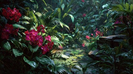Lush Tropical Paradise - Vibrant Flowers and Verdant Foliage in a Jungle Setting.