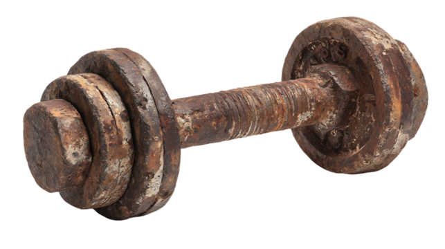 Old rusty dumbbell with stacked plates isolated on transparent background