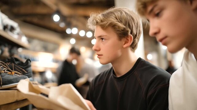 During a shopping day a teenager scrolls through a phone its case scuffed for reviews in a shoe store its racks metal and squeaky. A paper shopping bag its handles twisted