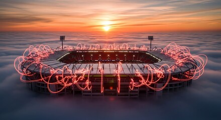Elevated Stadium View with Sunrise and Digital Red Lines Overlay