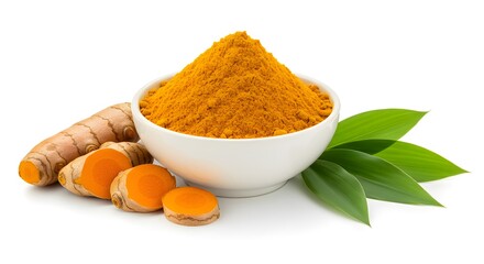 Fresh Turmeric Roots and Ground Powder Isolated on White Background