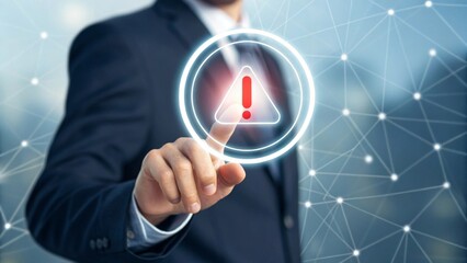 Businessman engaging with holographic warning sign corporate office digital visual abstract network background close-up view caution and awareness concept