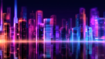 Fototapeta premium Vibrant futuristic city skyline at night reflecting colorful lights on water, showcasing modern architecture