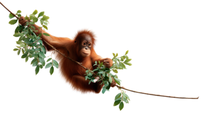 Orangutan's Playful Perch: An orangutan swings from a leafy branch, its reddish fur catching the sunlight as it gazes curiously, encapsulating a moment of nature's charm.