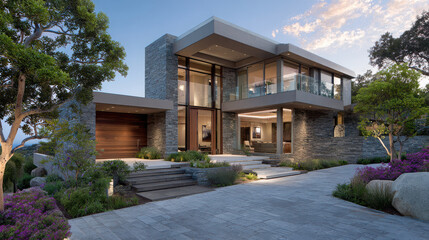Fototapeta premium Modern architecture showcases stunning contemporary home with large glass windows, stone accents, and lush landscaping, creating serene atmosphere