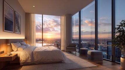 Luxury Bedroom with City View at Sunset - Modern Interior Design.