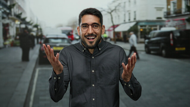Smiling young man with glasses standing on a busy urban street showcasing joy in an outdoor city setting.