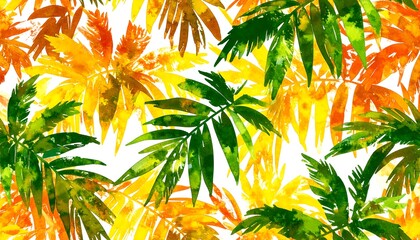 Watercolor tropical leaf pattern, vibrant yellow, orange, and green hues on white background