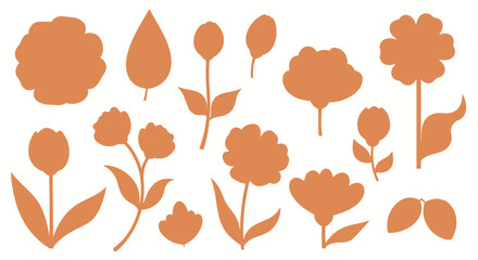 Collection of retro style floral vector elements in pink, orange, and yellow colors, white background
