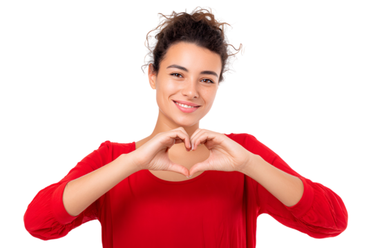 Attractive woman making a heart shape with her hands expressing love and affection perfect for conveying a message of care support or romance for various lifestyle occasions or