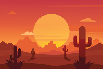 Naklejka premium Desert sunset with cacti and mesas in warm orange tones