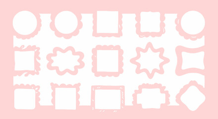 Collection of ten decorative hand-drawn doodle frames in red color on a light pink background, white background