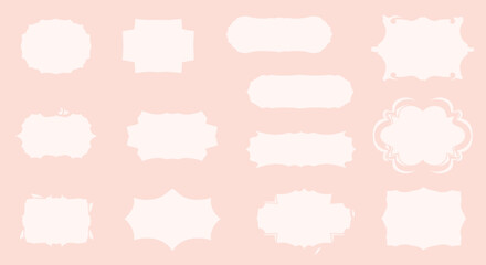 Collection of ten decorative hand-drawn doodle frames in red color on a light pink background, white background