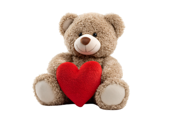 Adorable plush teddy bear holds a vibrant red heart expressing affection and love a perfect gift for Valentines Day or a special occasion a charming and heartwarming