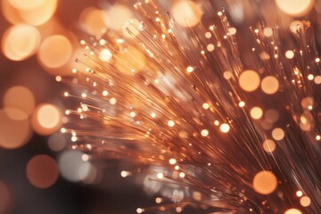 A mesmerizing abstract image of glowing fiber optic strands against a bokeh background. It conveys connectivity, technology, and warmth. Data flows with brilliant light.