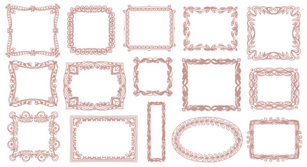 A collection of ornate, decorative frames in various shapes and sizes, all with intricate designs.