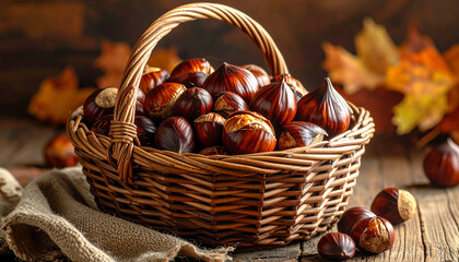 Close-up of Roasted Chestnuts in a Rustic Basket 