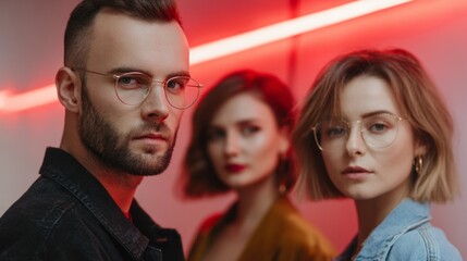 Obraz premium Man and two women pose confidently in a vibrant setting with glowing lights during an evening gathering