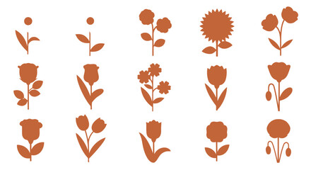 Collection of vector flower icons in a simple, flat design, perfect for spring or summer themes, white background