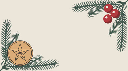 Festive background with pine branches, red berries, and a star ornament in corner decorations