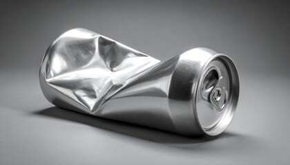 A crushed, silver aluminum beverage can lies on a smooth, gray surface.