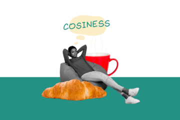 Composite photo collage of happy american girl lay beanbag lunch relax coffee cup croissant food nutrition isolated on painted background