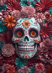 Obraz premium A vibrant skull surrounded by colorful flowers. It is a celebration of life and a reminder of the beauty found in the face of mortality