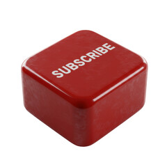 Vibrant crimson-red 'SUBSCRIBE' button, ultra-glossy, gently pressed with white debossed text, isolated on transparent, soft shadow, macro close-up, dramatic lighting, digital engagement concept