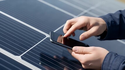 Technician monitors solar panel performance with smartphone, showcasing renewable energy innovation and efficiency. - Powered by Adobe
