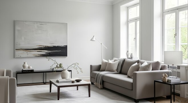 Sophisticated contemporary living space featuring a cozy grey sofa, minimalist coffee table, abstract artwork, and ample natural light