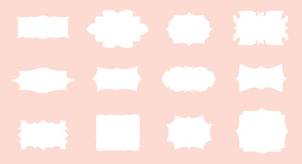 Twelve white ornate label shapes arranged on a soft, blush-colored background.