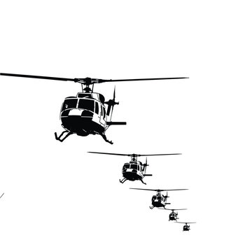 Military Helicopters in Dynamic Formation Silhouette Illustration