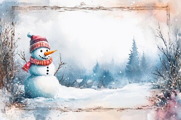 Obraz premium Snowman levitating in a snowy landscape with a red scarf and cheerful expression