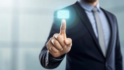 Business professional pointing at holographic notification popup icon in modern corporate studio background with soft blur effect