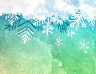 Watercolor winter scene with snowflakes falling onto a teal and green wash