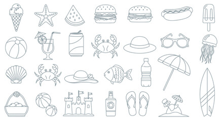 Vector illustration featuring various summer-themed objects including food, drinks, beach items, and marine life, all outlined in a simple, clean style.