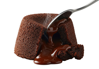 Decadent chocolate lava cake with cracked dark crust, molten chocolate oozing from a gleaming silver spoon, isolated on transparent, dramatic chiaroscuro, concept of indulgent dessert