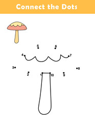 Dot to Dot Worksheet for Kids. Connect the dots to draw a cute mushroom. Illustration of mushroom. Coloring page.	