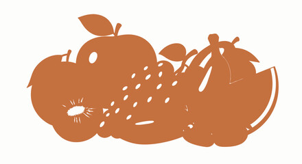 Silhouette illustration of various fruits including apples, grapes, kiwi, and watermelon, arranged together in a still life composition.