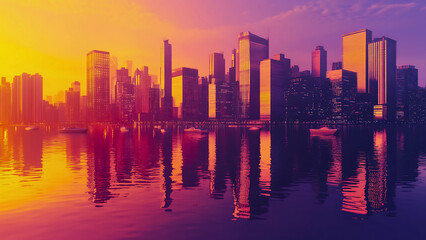 Fototapeta premium Vibrant Sunset Cityscape with River Reflection and Boats | Modern Skyline Blending Nature and Architecture