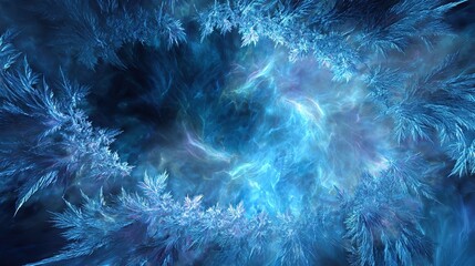 Abstract blue image, looks like an ice-like frame surrounding a nebula-like center, with ethereal light