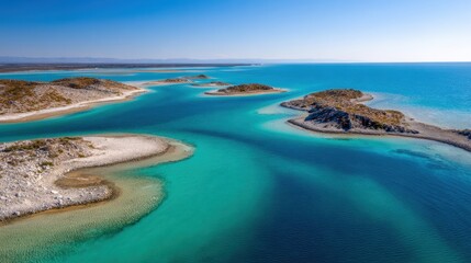 Obraz premium Aerial view of tranquil turquoise waters surrounding lush islands under a clear blue sky
