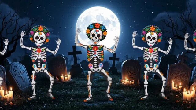 A vibrant seamless animation background for Halloween. A graveyard where several Mexican sugar skeletons (Calaveras), decorated with colorful patterns, are dancing salsa energetically. - Powered by Adobe