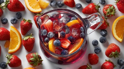 Refreshing Sangria Pitcher with Strawberries and Blueberries.