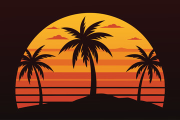Obraz premium Retro sunset with palm trees silhouette over the ocean