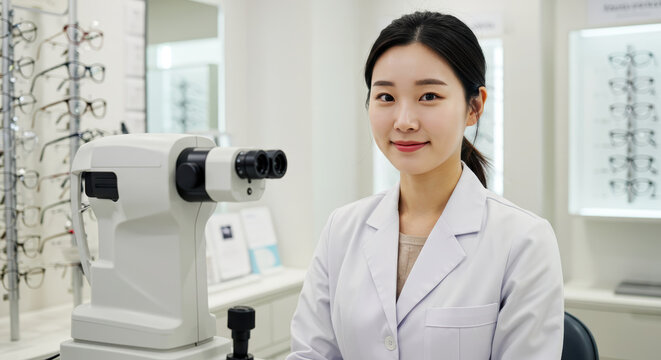 A young Asian female optometrist sits in front of an eye examination machine.