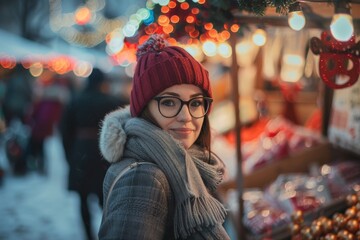 Young woman in a cozy coat and red beanie enjoying festive atmosphere at a holiday market in winter evening