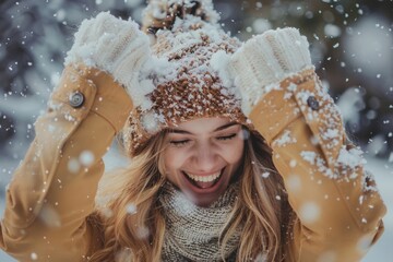Joyful young woman playing with snow in a winter wonderland wearing a cozy hat and jacket in a snow-covered landscape